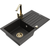 Mexen Pablo 1-bowl granite sink with drainer and Rita kitchen tap, black/golden metallic- 6510-75-670300-50