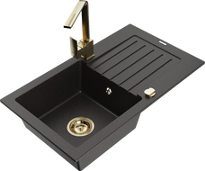 Mexen Pablo granitni sudoper s jednom komorom s ocjednikom i kuhinjskom slavinom Rita, crna/zlatni metalik - 6510-75-670300-50