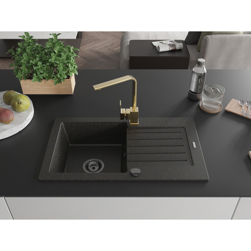 Mexen Pablo granieten gootsteen met 1 bak, afdruiprek en keukenmengkraan Rita, zwart/goud metallic - 6510-75-670300-50-B
