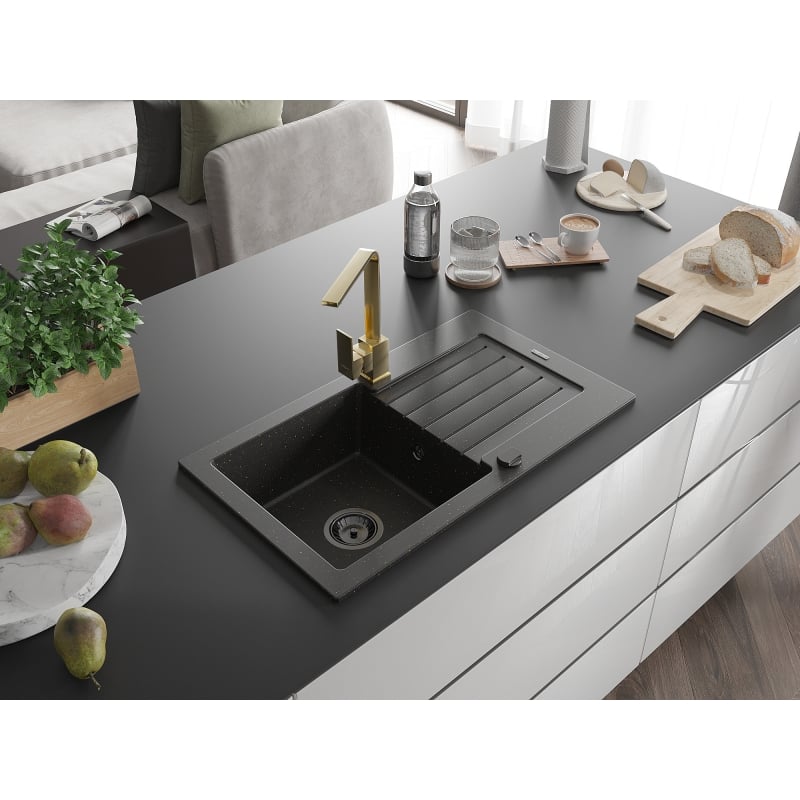 Mexen Pablo lavello in granito a 1 vasca con sgocciolatoio e rubinetto da cucina Rita, nero/oro metallico - 6510-75-670300-50-B