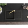 Mexen Pablo fregadero de granito de 1 cubeta con escurridor y grifo de cocina Rita, negro/dorado metálico - 6510-75-670300-50-B