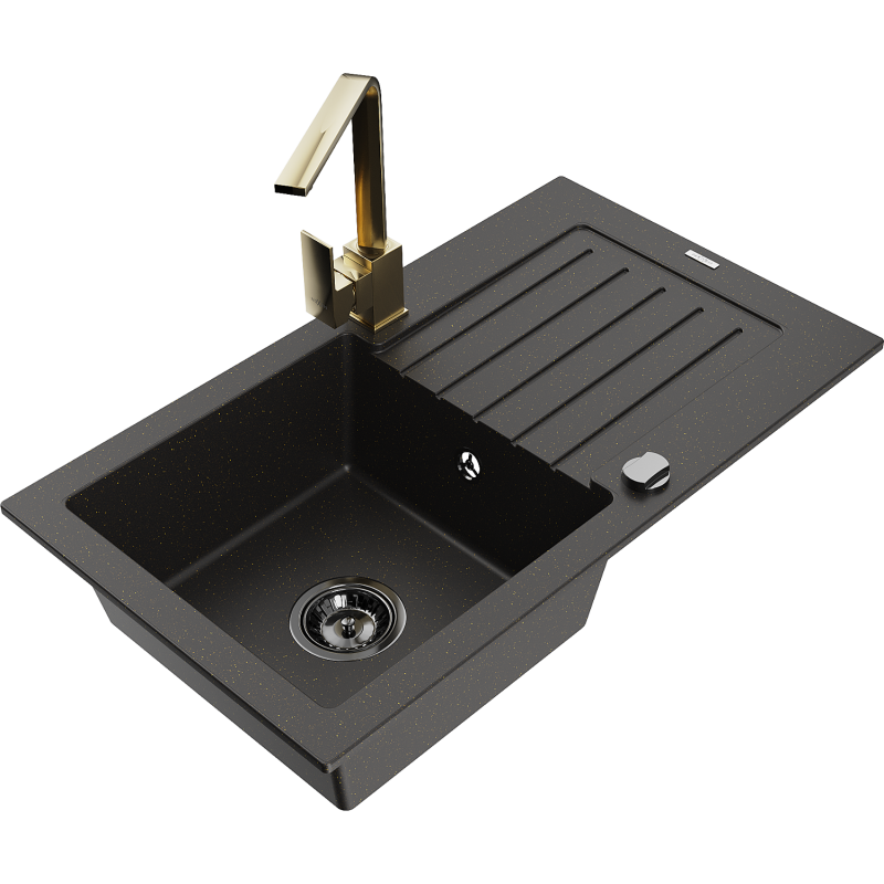 Mexen Pablo 1-bowl granite sink with drainer and Rita kitchen tap, black/golden metallic- 6510-75-670300-50-B