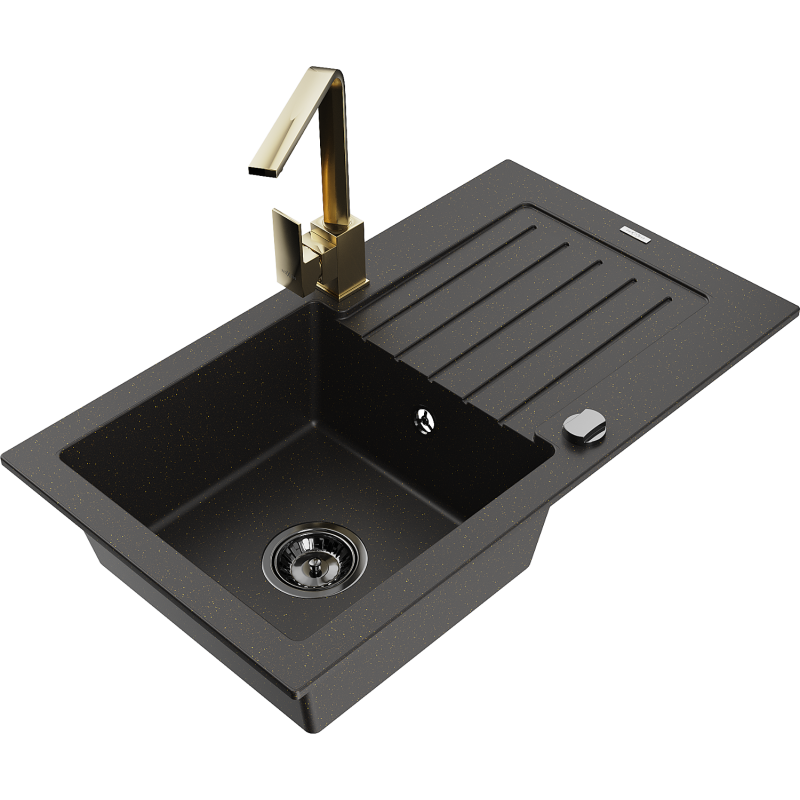 Mexen Pablo Granitspüle 1-Becken mit Abtropffläche und Küchenarmatur Rita, schwarz/gold metallic- 6510-75-670300-50-B