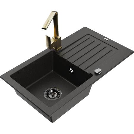 Mexen Pablo granitische spoelbak met 1 kom met afdruiprek en keukenmengkraan Rita, zwart/gouden metallic - 6510-75-670300-50-B