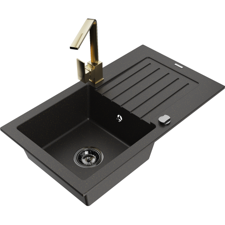 Mexen Pablo Granitspüle 1-Becken mit Abtropffläche und Küchenarmatur Rita, schwarz/gold metallic- 6510-75-670300-50-B