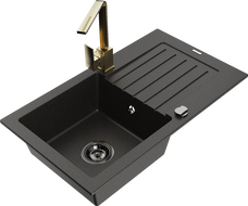 Mexen Pablo Granitspüle 1-Becken mit Abtropffläche und Küchenarmatur Rita, schwarz/gold metallic- 6510-75-670300-50-B