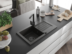 Mexen Pablo lavello in granito 1-vasca con sgocciolatoio e rubinetto da cucina Rita, nero/oro metallizzato- 6510-75-670300-70-B