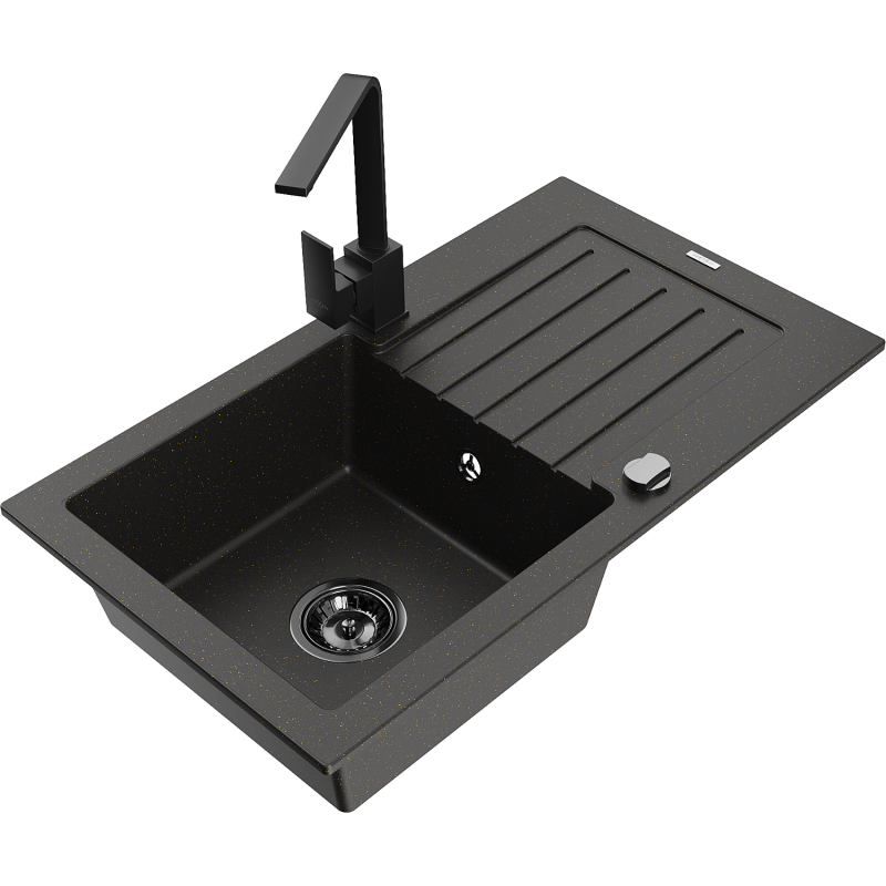 Mexen Pablo 1-bowl granite kitchen sink with drainer and Rita kitchen tap, black/gold metallic- 6510-75-670300-70-B