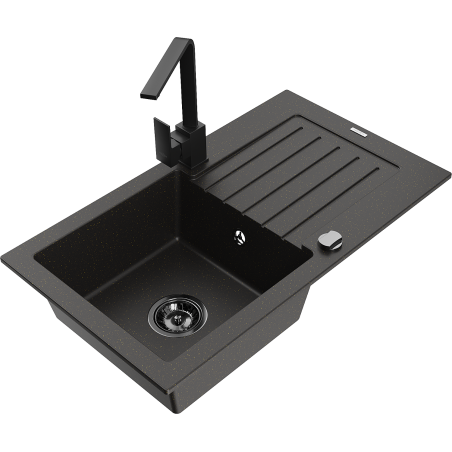 Mexen Pablo granite sink 1-bowl with drainer and kitchen faucet Rita, black/gold metallic - 6510-75-670300-70-B