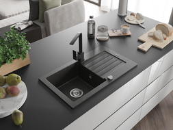 Mexen Pablo lava-louça de granito de 1 cuba com escorredor e torneira de cozinha Rita, preto/dourado metálico