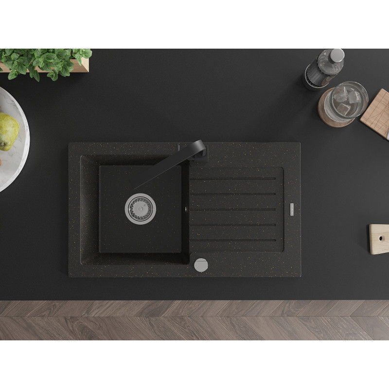 Mexen Pablo granite sink 1-bowl with drainer and kitchen tap Rita, black/gold metallic- 6510-75-670300-70