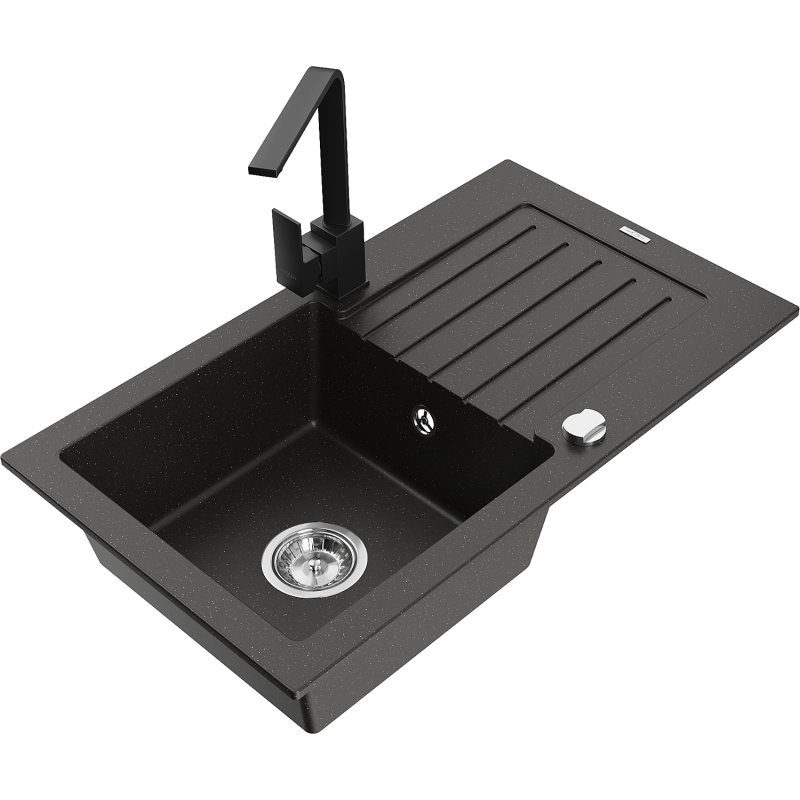 Mexen Pablo granite sink 1-bowl with drainer and kitchen tap Rita, black/gold metallic- 6510-75-670300-70