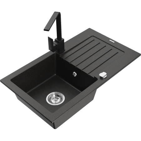 Mexen Pablo granite sink 1-bowl with drainer and kitchen tap Rita, black/gold metallic- 6510-75-670300-70