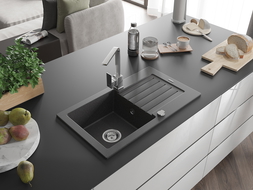 Mexen Pablo lavello in granito a 1 vasca con sgocciolatoio e rubinetto da cucina Rita, nero maculato- 6510-76-670300-00