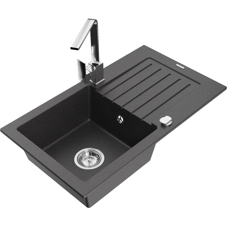 Mexen Pablo Granitspüle 1-Becken mit Abtropffläche und Küchenarmatur Rita, schwarz gesprenkelt- 6510-76-670300-00