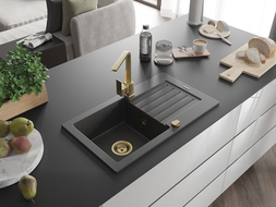 Mexen Pablo lavello in granito a 1 vasca con scolapiatti e rubinetto da cucina Rita, nero maculato- 6510-76-670300-50