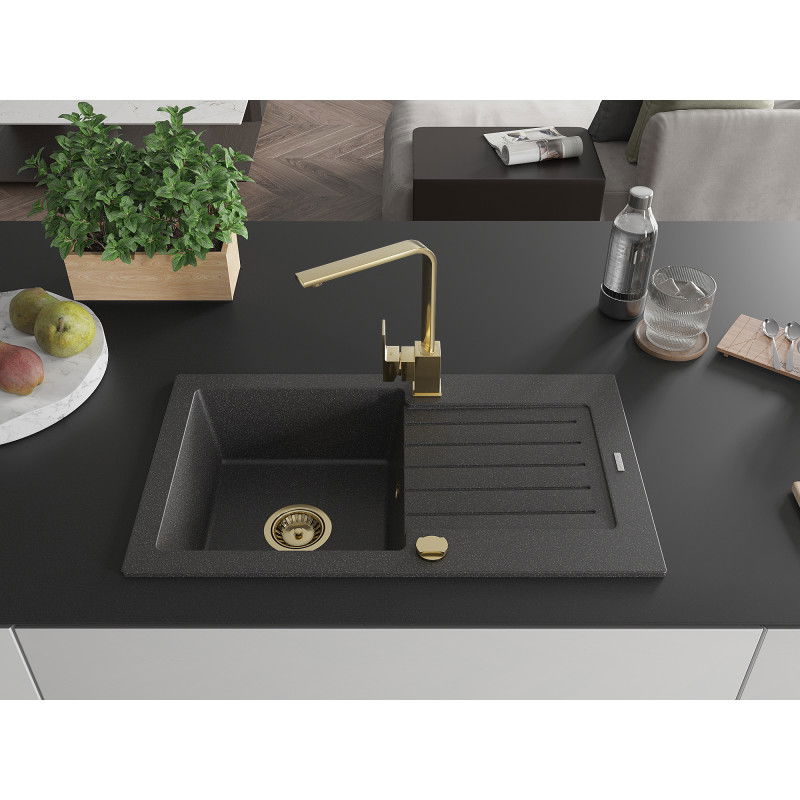 Mexen Pablo granite sink 1-bowl with drainer and Rita kitchen tap, black speckled- 6510-76-670300-50
