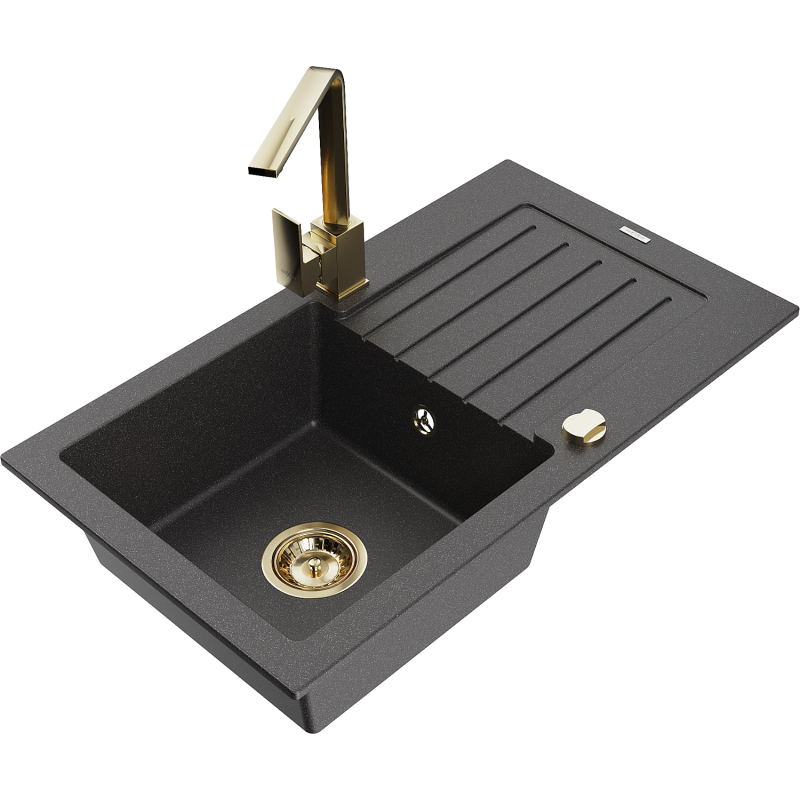 Mexen Pablo fregadero de granito de 1 seno con escurridor y grifo de cocina Rita, negro moteado - 6510-76-670300-50