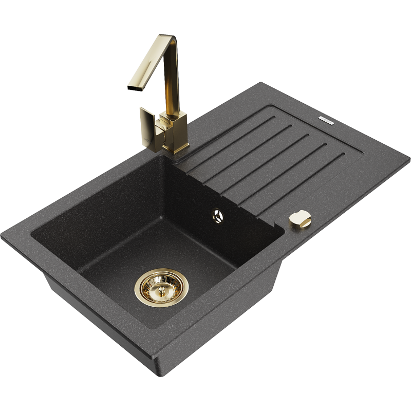 Mexen Pablo granite sink 1-bowl with drainer and Rita kitchen tap, black speckled- 6510-76-670300-50