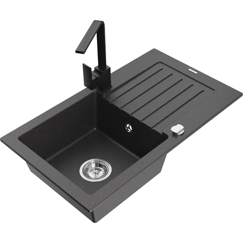 Mexen Pablo 1-bowl granite sink with drainer and Rita kitchen tap, black speckled - 6510-76-670300-70