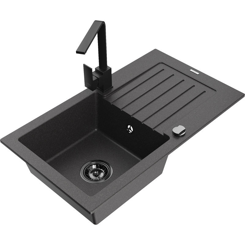 Mexen Pablo granitdiskho med en 1-kammare med avrinningsyta och köksblandare Rita, svart med stänk - 6510-76-670300-70-B