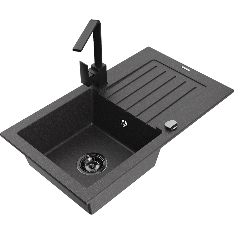 Mexen Pablo granite kitchen sink, 1-bowl with drainer and Rita kitchen tap, black speckled - 6510-76-670300-70-B