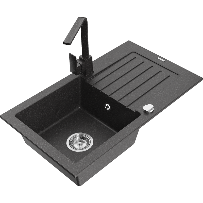 Mexen Pablo granite sink 1-bowl with drainer and Rita kitchen tap, black speckled- 6510-76-670300-76