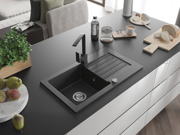 Mexen Pablo lavello in granito a 1 vasca con scolapiatti e rubinetto da cucina Rita, nero maculato- 6510-76-670300-76