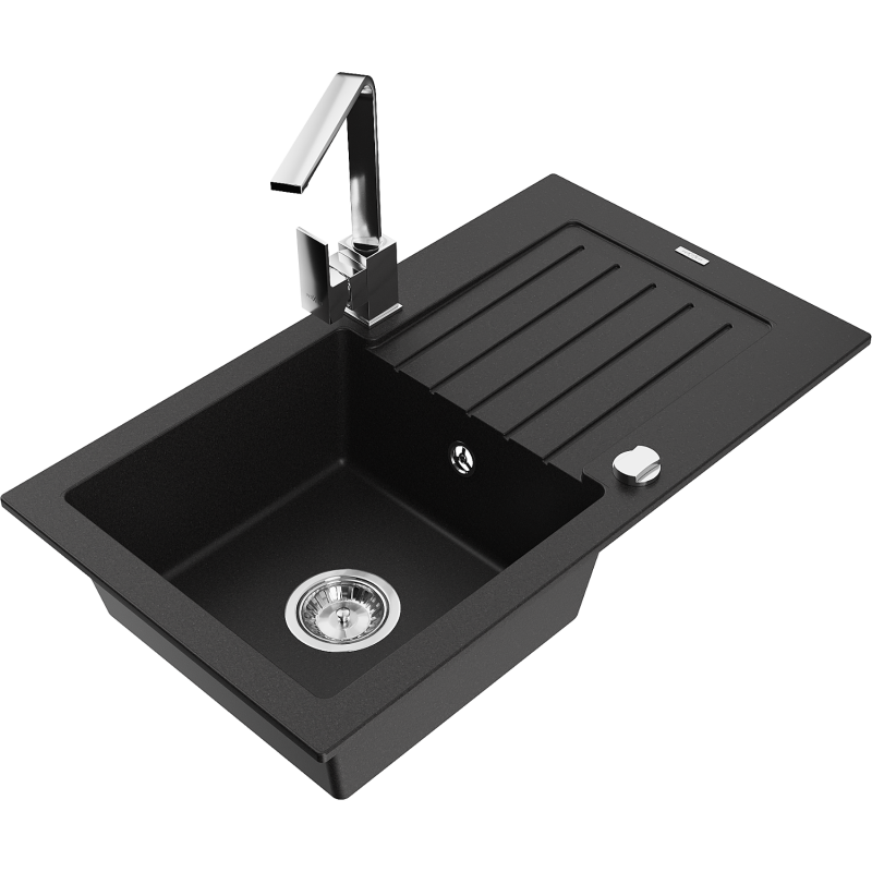Mexen Pablo 1-Bowl Granite Sink with Drainer and Rita Kitchen Tap, Black - 6510-77-670300-00