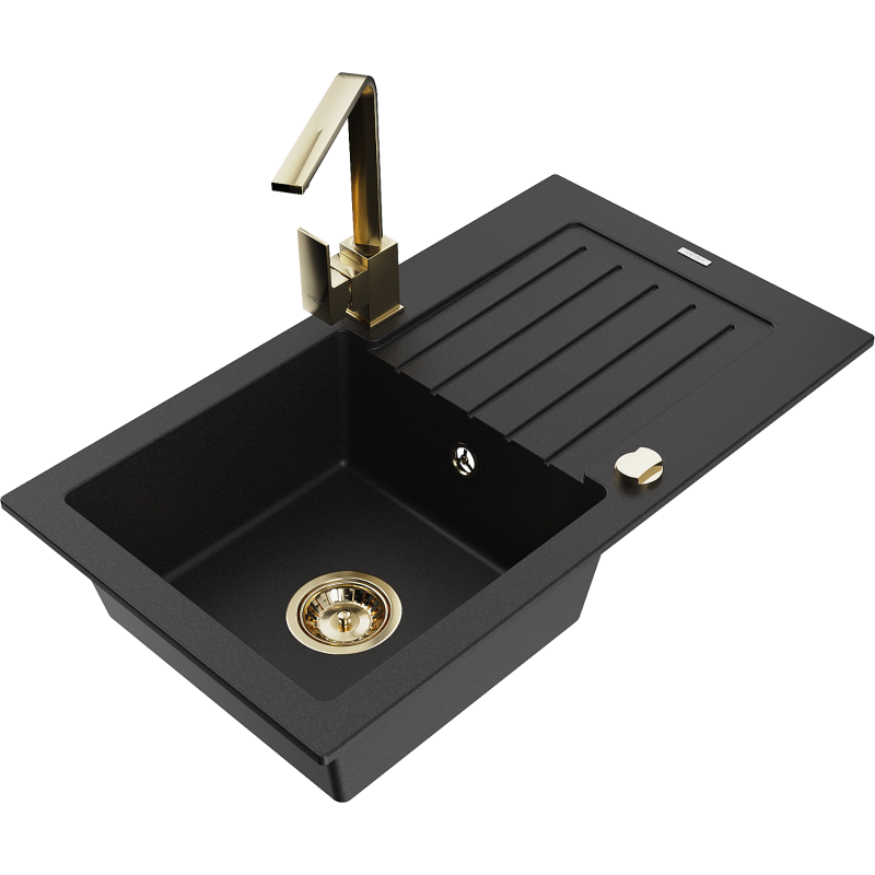 Mexen Pablo granitdiskbänk 1-facks med avrinningsyta och köksblandare Rita, svart - 6510-77-670300-50