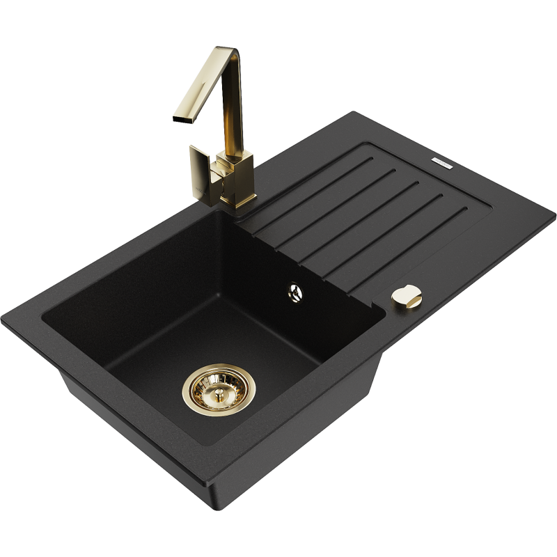 Mexen Pablo granite sink 1-bowl with drainer and Rita kitchen tap, black - 6510-77-670300-50