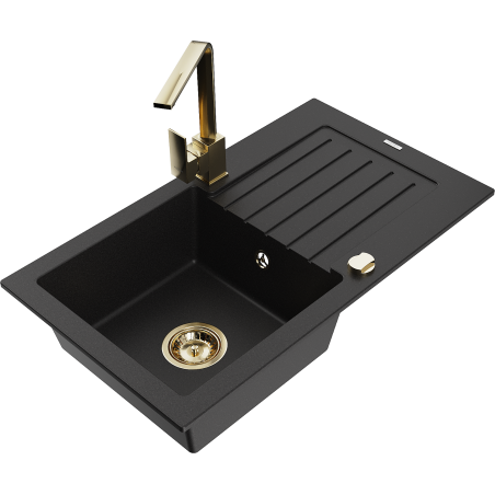 Mexen Pablo granite sink 1-bowl with drainer and Rita kitchen tap, black - 6510-77-670300-50