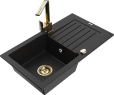 Mexen Pablo lava-loiça de granito de uma bacia com escorredor e torneira de cozinha Rita, preto - 6510-77-670300-50