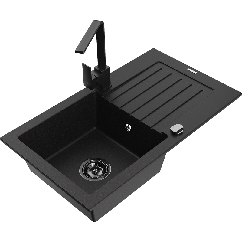 Mexen Pablo 1-bowl granite kitchen sink with drainer and Rita kitchen tap, black - 6510-77-670300-70-B