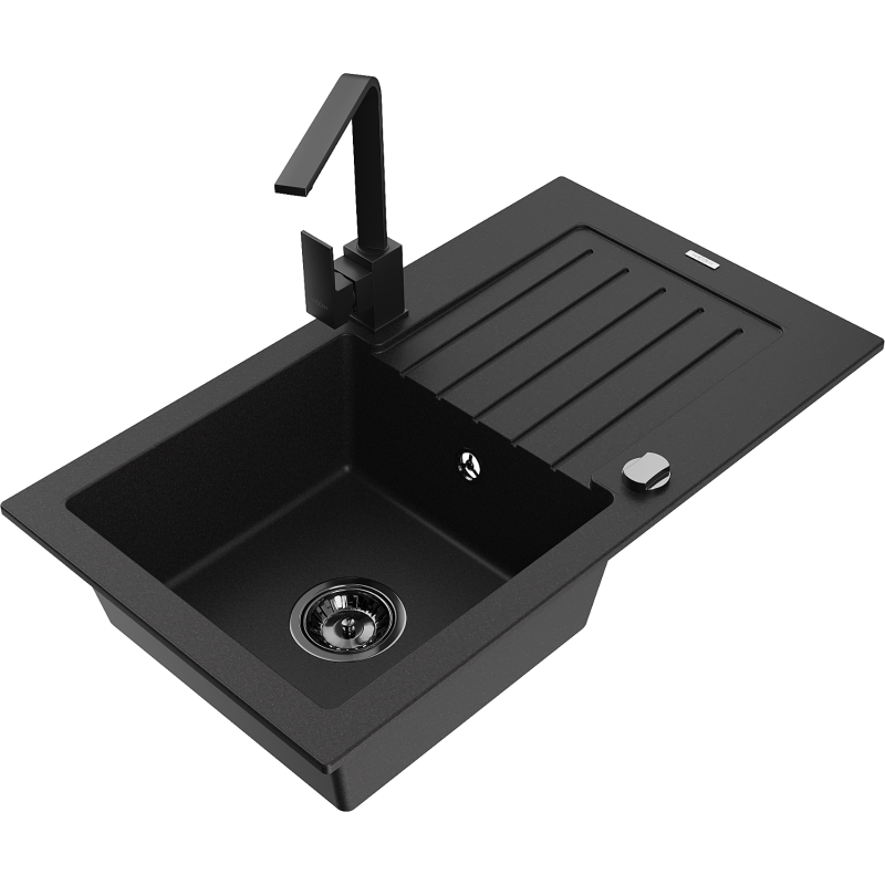 Mexen Pablo Granit Ëvier mat 1-fach mat Drainage an Kichenkran Rita, schwaarz - 6510-77-670300-70-B