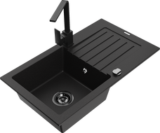 Mexen Pablo 1-bowl granite kitchen sink with drainer and Rita kitchen tap, black - 6510-77-670300-70-B