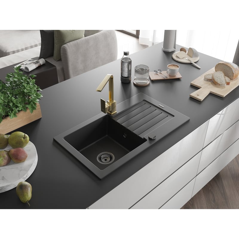 Mexen Pablo granite single-bowl kitchen sink with drainer and Rita faucet, black - 6510-77-670300-50-B