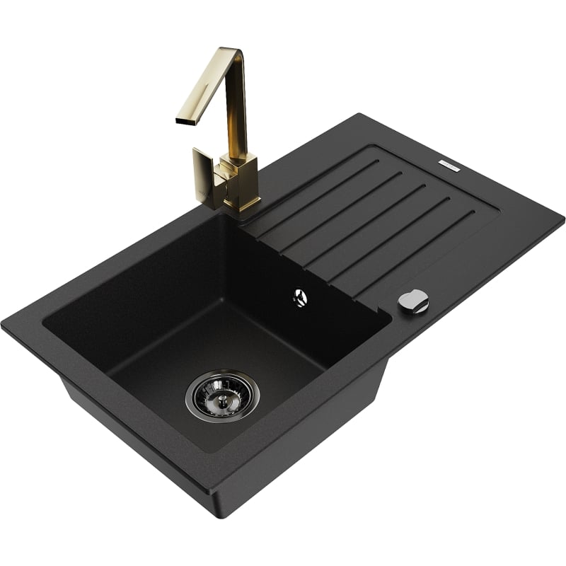 Mexen Pablo granite single-bowl kitchen sink with drainer and Rita faucet, black - 6510-77-670300-50-B