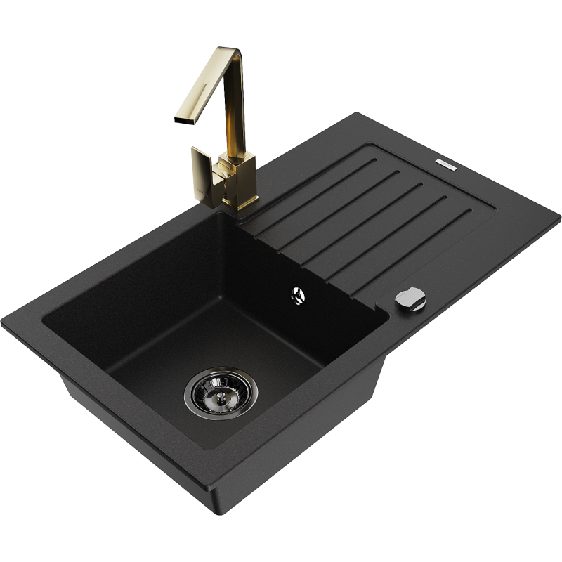 Mexen Pablo granite sink single-bowl with drainer and Rita kitchen tap, black - 6510-77-670300-50-B