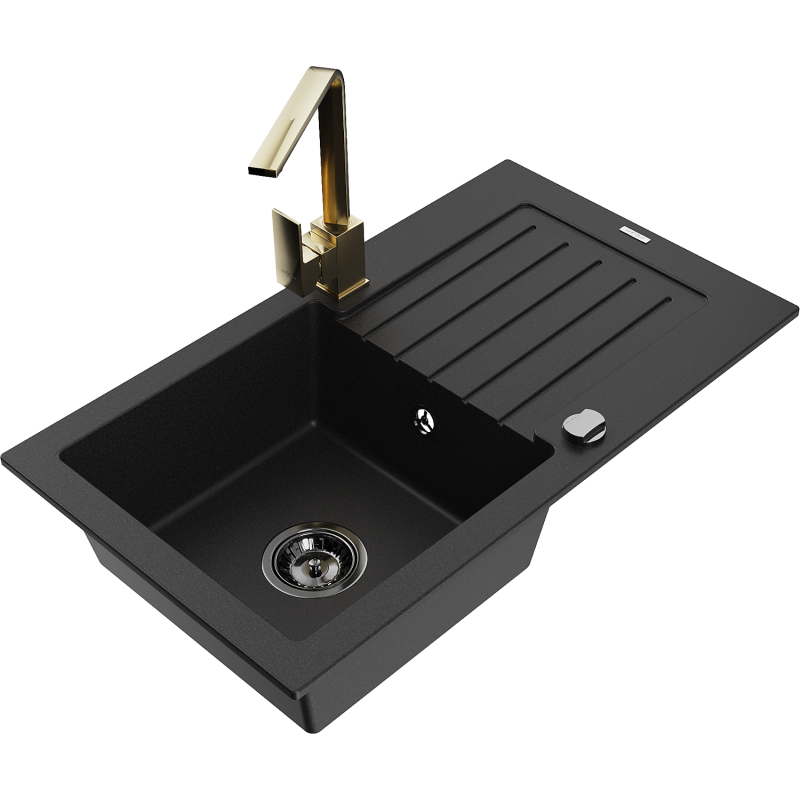 Mexen Pablo Granitspüle 1-beckig mit Abtropffläche und Küchenarmatur Rita, schwarz - 6510-77-670300-50-B