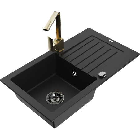 Mexen Pablo granite single-bowl kitchen sink with drainer and Rita faucet, black - 6510-77-670300-50-B
