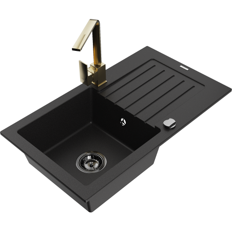 Mexen Pablo granite sink single-bowl with drainer and Rita kitchen tap, black - 6510-77-670300-50-B