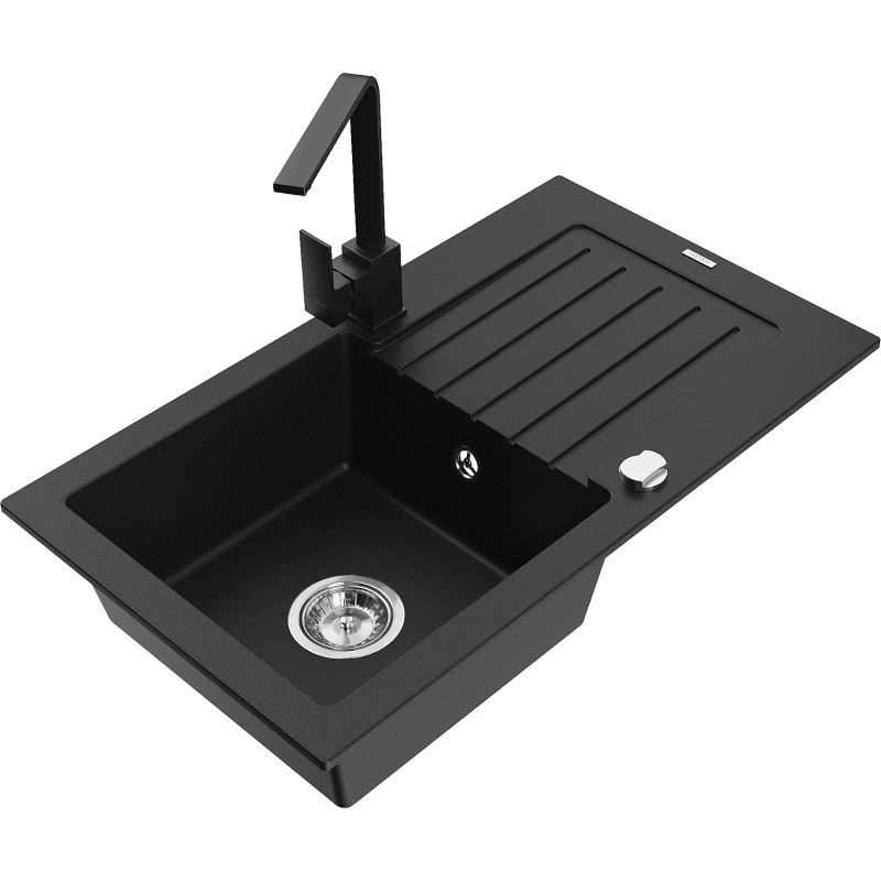 Mexen Pablo fregadero de granito de 1 seno con escurridor y grifo de cocina Rita, negro - 6510-77-670300-70