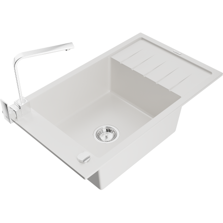 Mexen Elias granite sink 1-bowl with drainer and Rita kitchen tap, white - 6511-20-670300-00