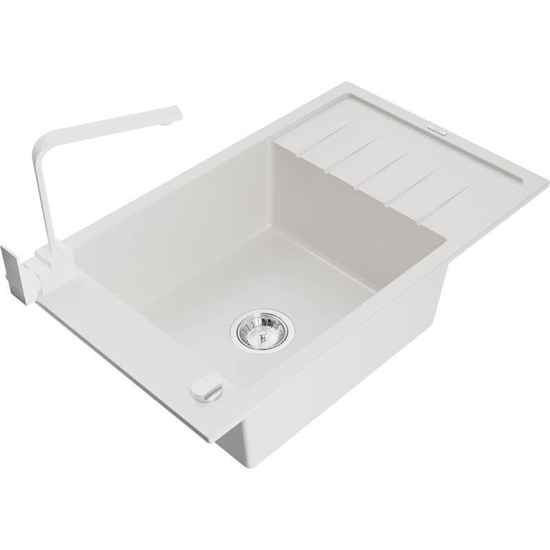 Mexen Elias granite sink 1-bowl with drainer and Rita kitchen tap, white - 6511-20-670300-20