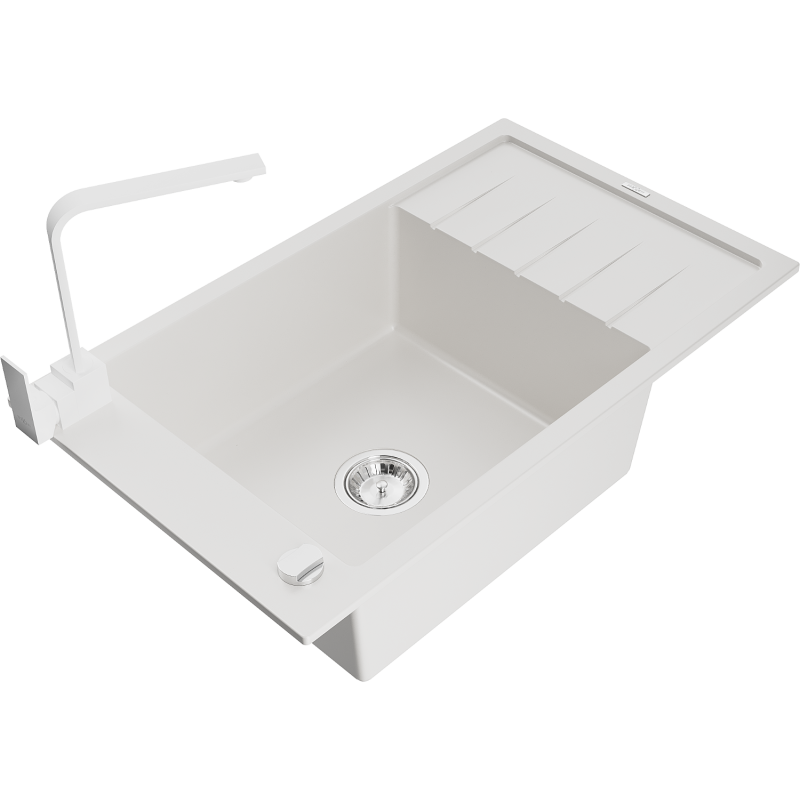 Mexen Elias yksi-allasinen graniittinen keittiöallas valutustelineellä ja Rita keittiöhana, valkoinen - 6511-20-670300-20