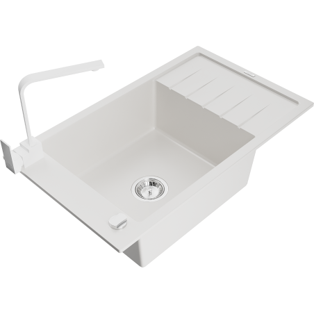 Mexen Elias granite sink 1-bowl with drainer and Rita kitchen tap, white - 6511-20-670300-20