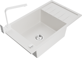 Mexen Elias granite sink 1-bowl with drainer and Rita kitchen tap, white - 6511-20-670300-20