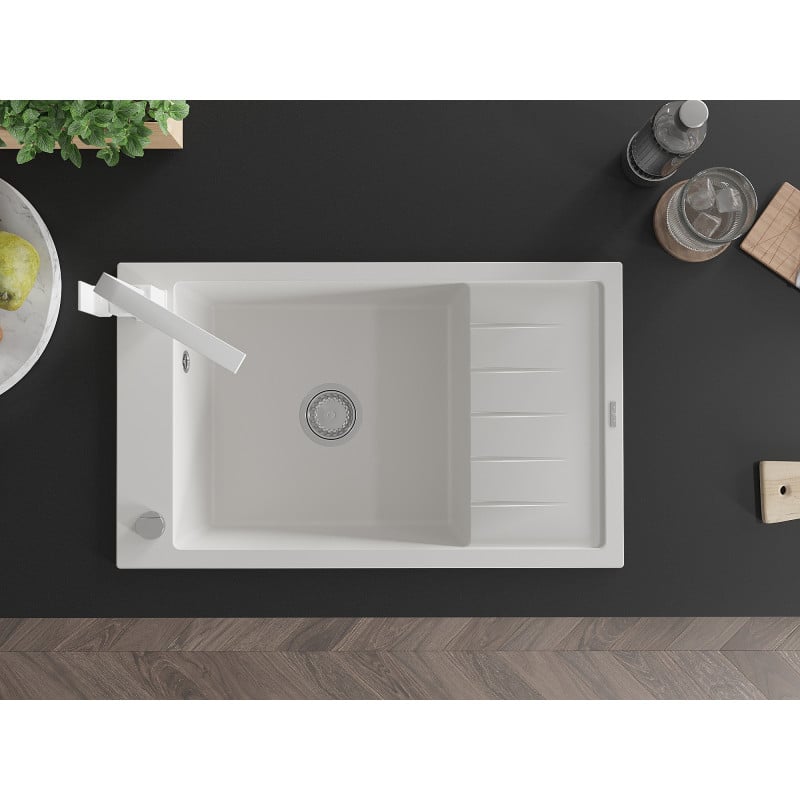 Mexen Elias granite sink 1-bowl with drainer and Rita kitchen tap, white - 6511-20-670300-20