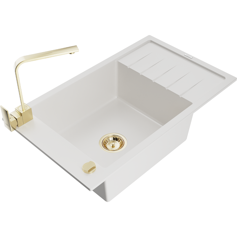 Mexen Elias 1-bowl granite sink with drainer and Rita kitchen tap, white - 6511-20-670300-50